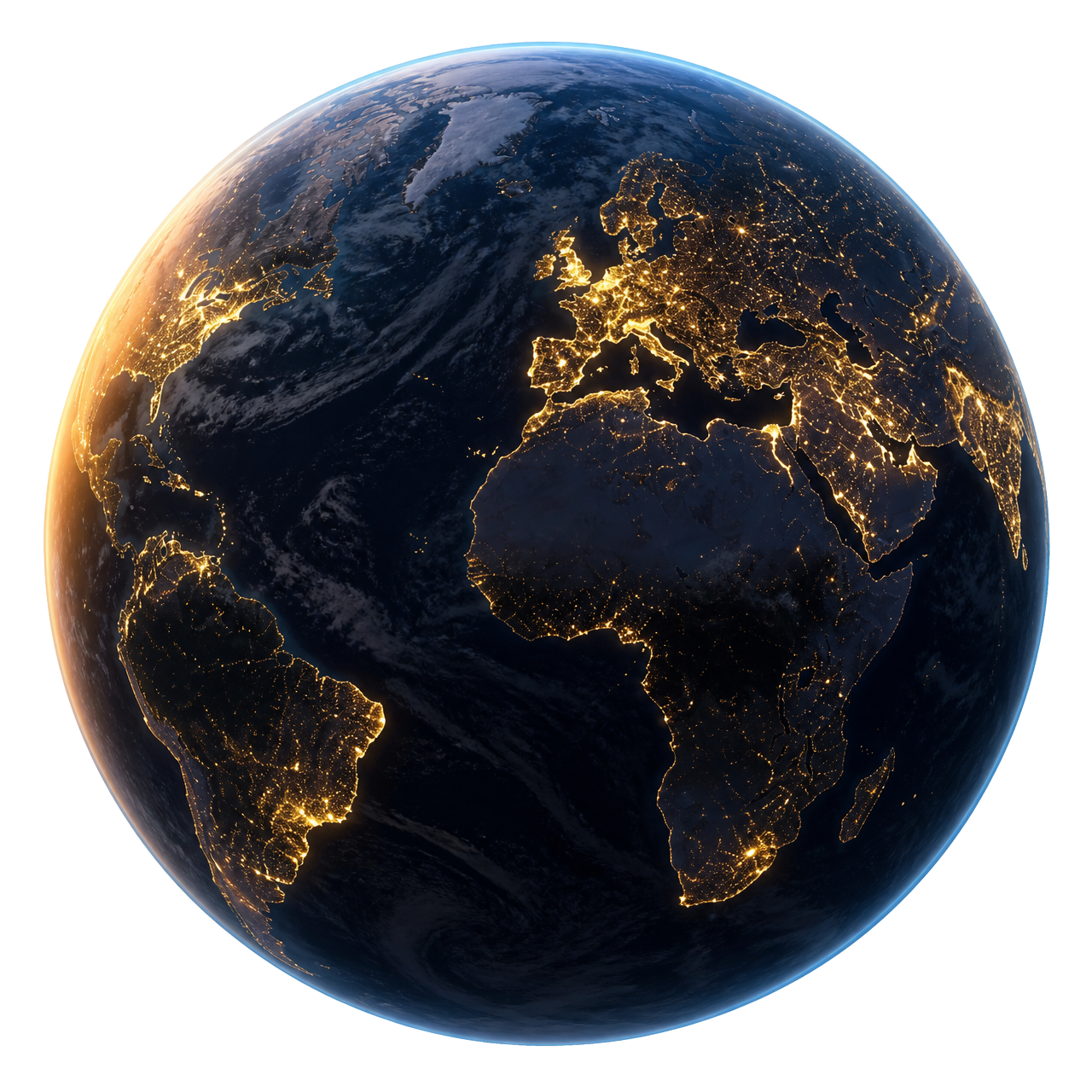 Earth at night, mapped in golden city lights